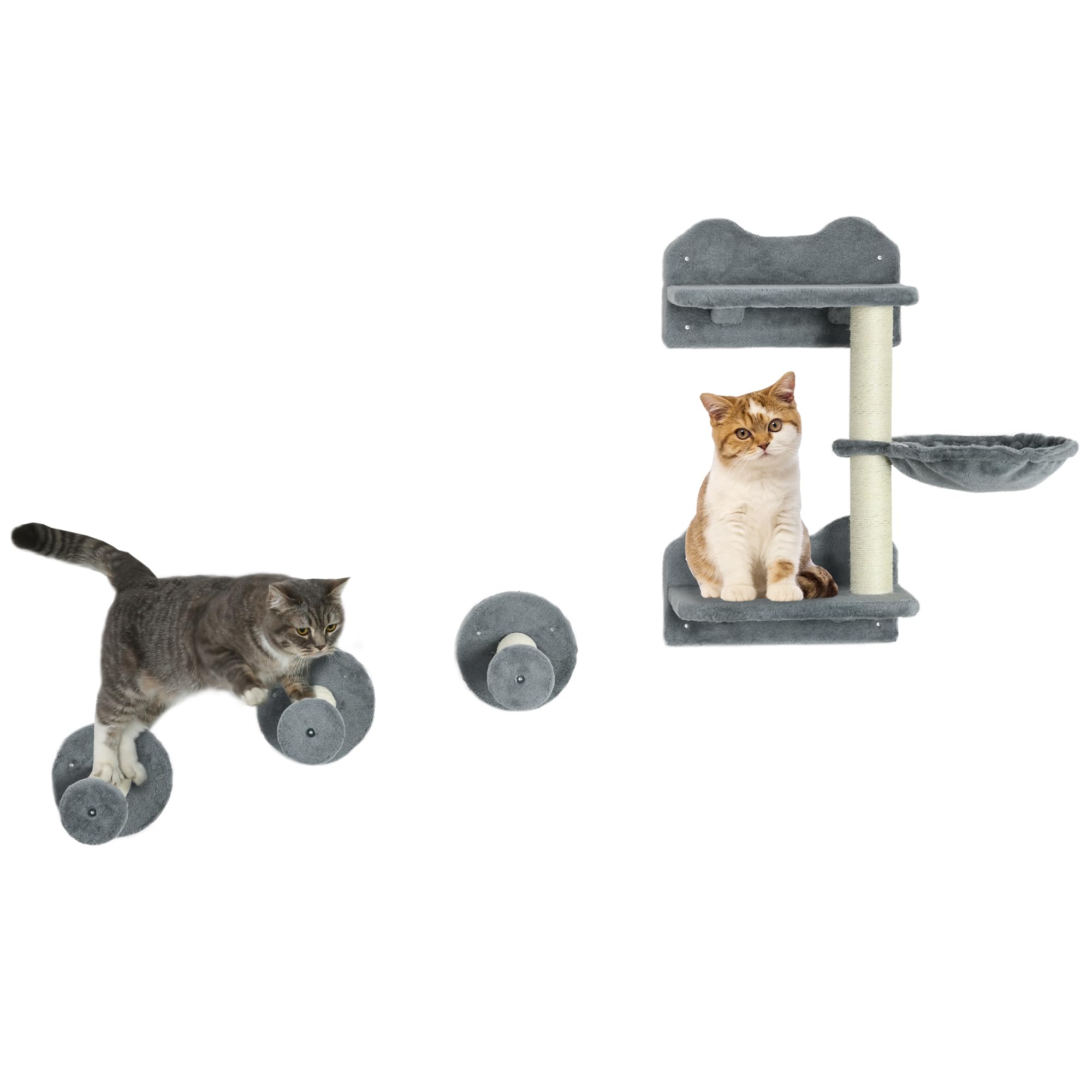 PawHut 4 Piece Cat Shelves Cat Wall Furniture for Indoor Kittens, Grey | Wall-Mounted Kitten Tree, Hammock, Steps, Platforms, Scratching Post