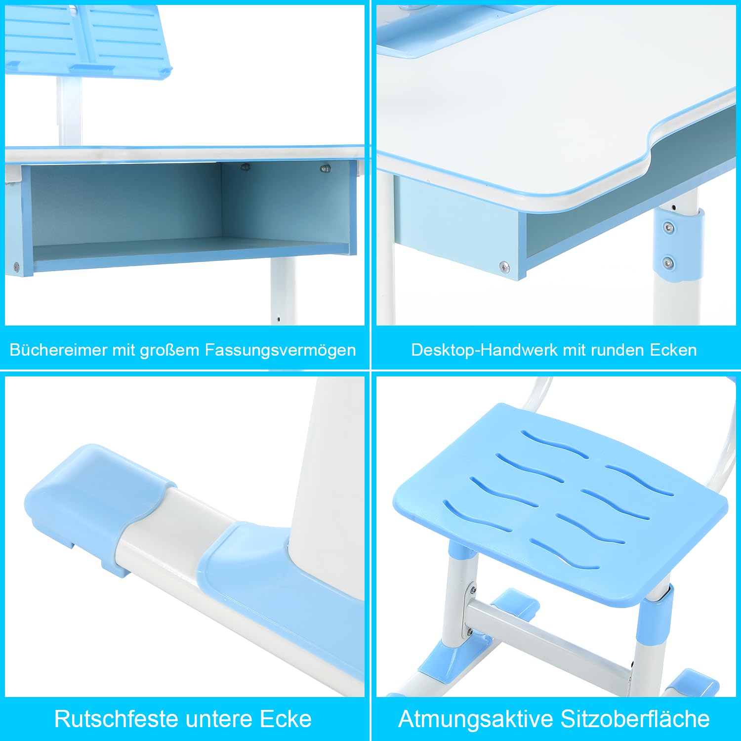 Kinderschreibtisch Set mit Bücherständer & LED-Licht, höhenverstellbarer Kindertisch und Stuhl mit Tischplatte & Schublade, Kinder Schreibtisch für Jungs & Mädchen (Blau), FA0021