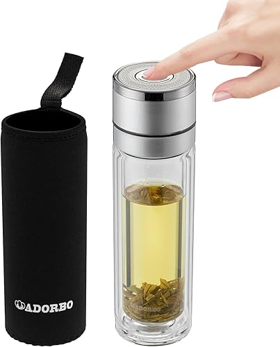 ADORBO Botella de té abierta con un clic, taza de té de viaje de vidrio de doble pared, botella de té con infusor y colador combinado