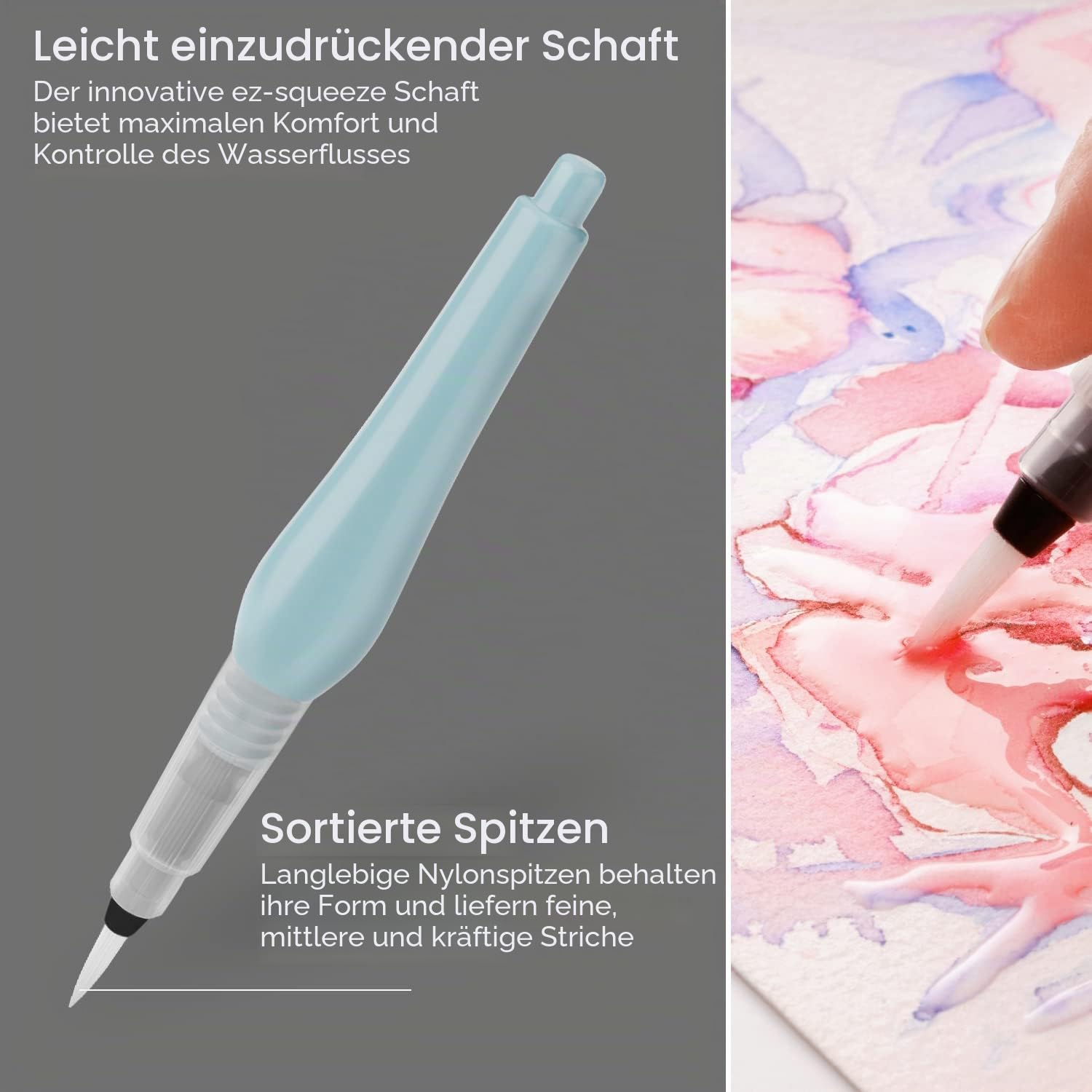 Arteza Wassertankpinsel 4er Set, Wasserpinsel selbstbefeuchtend und tragbar, Aquarellpinsel mit Wassertank und verschiedenen Aufsätzen