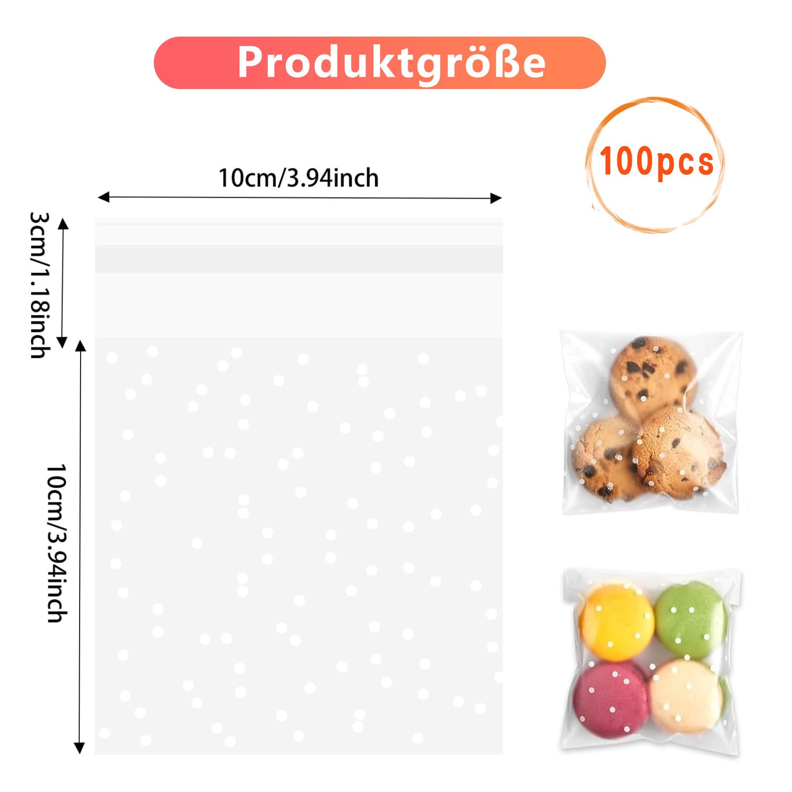 100 sacchetti in cellophane, richiudibili, autoadesivi, per biscotti