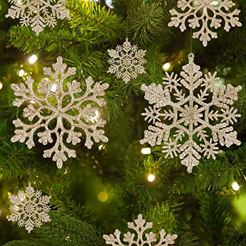 36pcs Christmas Snowflake Ornaments Plastic Glitter Snowflakes Ornaments for Xmas Tree Decorations, 4-inch, Champagne Gold