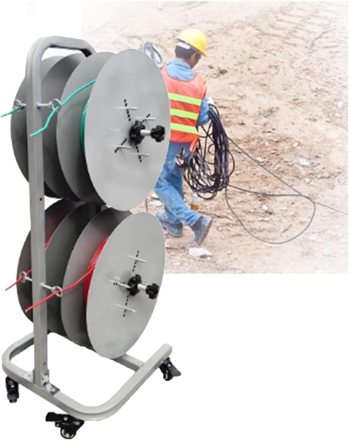 Portable Wire Spool Rack with Swivel Caster Wheels & Brake, Rope Dispenser & Hose Reel Holder, Holds Up to 4 Cord Reels, Ideal for Paracord and Wires