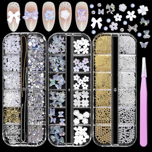 3 Boxes 3D Flowers Bows Nail Art Charms, White Flower Butterfly Nail Charms Nail Bows for Acrylic Nails, Gold Silver Caviar Beads Pearl for Nails Nail Gems Rhinestones for Manicure Craft DIY