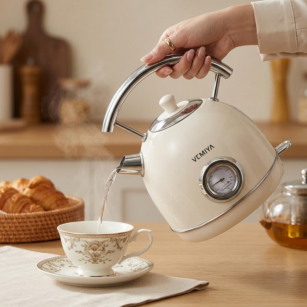 Retro Electric Kettle 1.7L – Stainless Steel Tea Kettle with Premium Gloss Finish, Fast Boiling, Auto Shut-Off & Boil-Dry Protection – Vintage Electric Water Boiler for Kitchen (Ivory White)