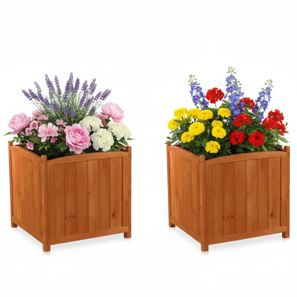 Mucola 2er Set Pflanzkübel Holz 50×50×50 cm – Blumenkästen aus Fichtenholz mit Schutzfolie, eckiger Pflanzkasten für Garten, Terrasse & Balkon – XXL Outdoor-Blumenkübel im Landhausstil