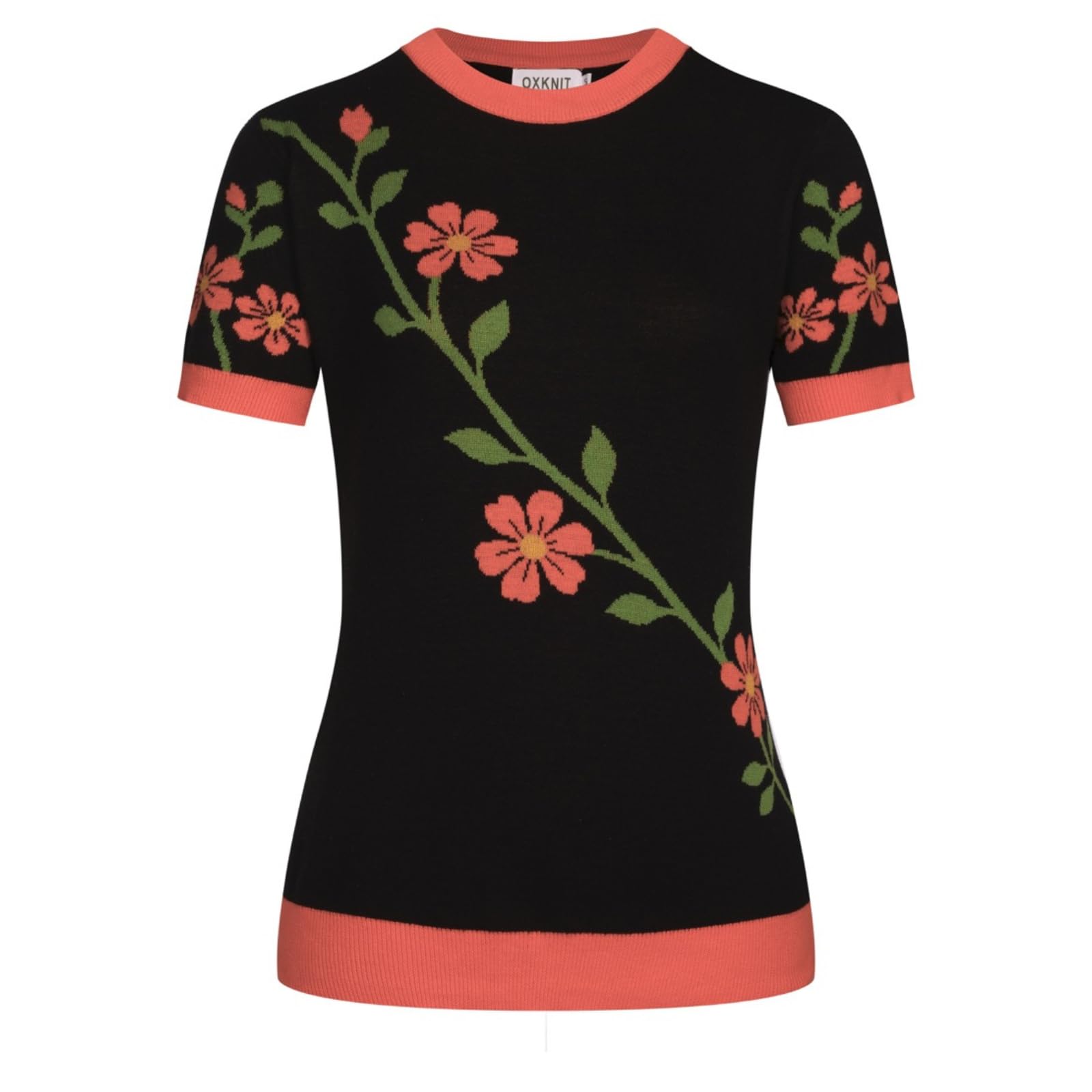 OXKNIT Camisetas Mujer Clásica Negra Camiseta de Punto con Estampado Floral Naranja Jacquard Verano Algodón Casual Top
