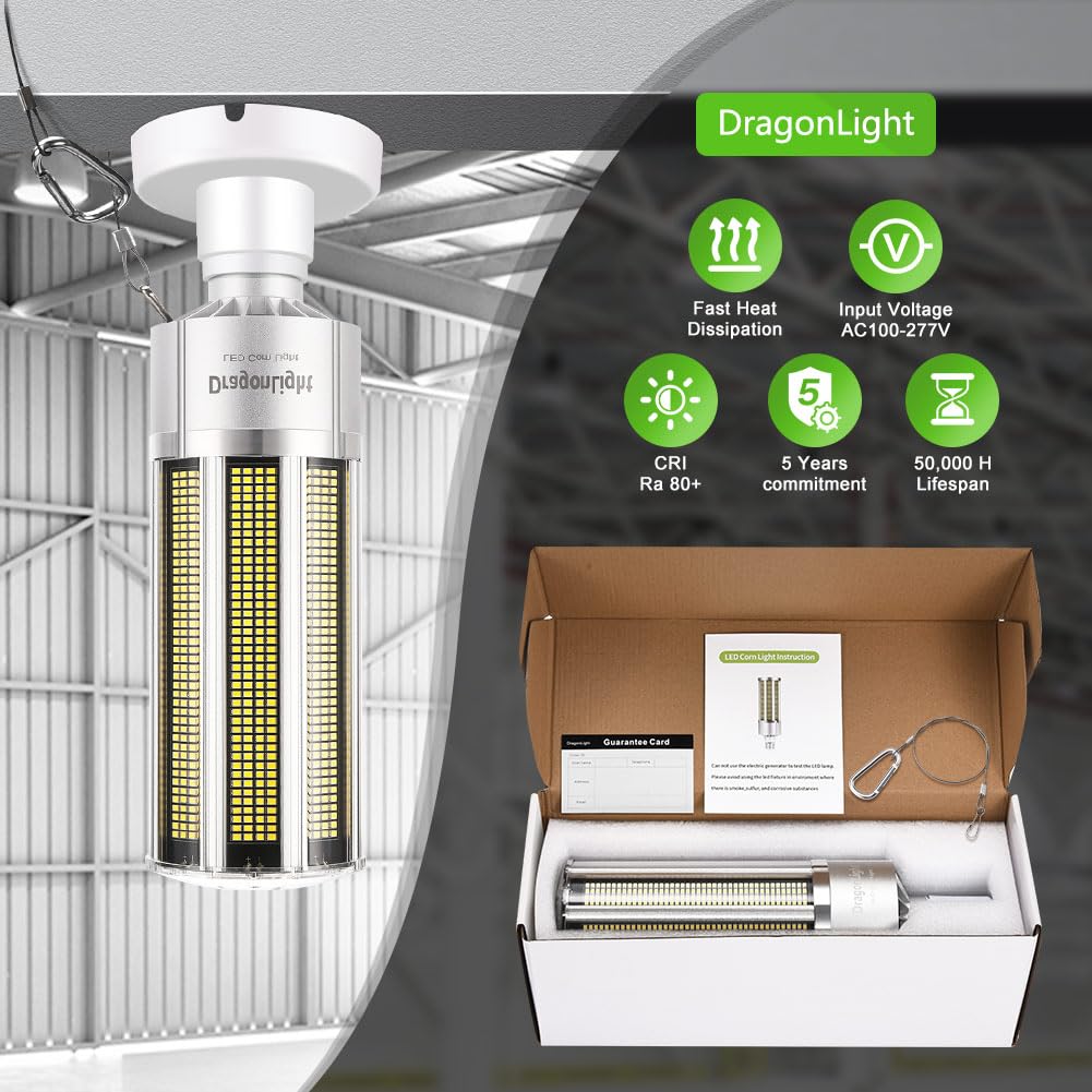 DragonLight 200W Superhell Mais Licht, bombilla LED sin ventilador (equivalente a 1200 W) - E40 Edison, 5000K, blanco frío, 27 000 lm - Ideal para luminarias cerradas
