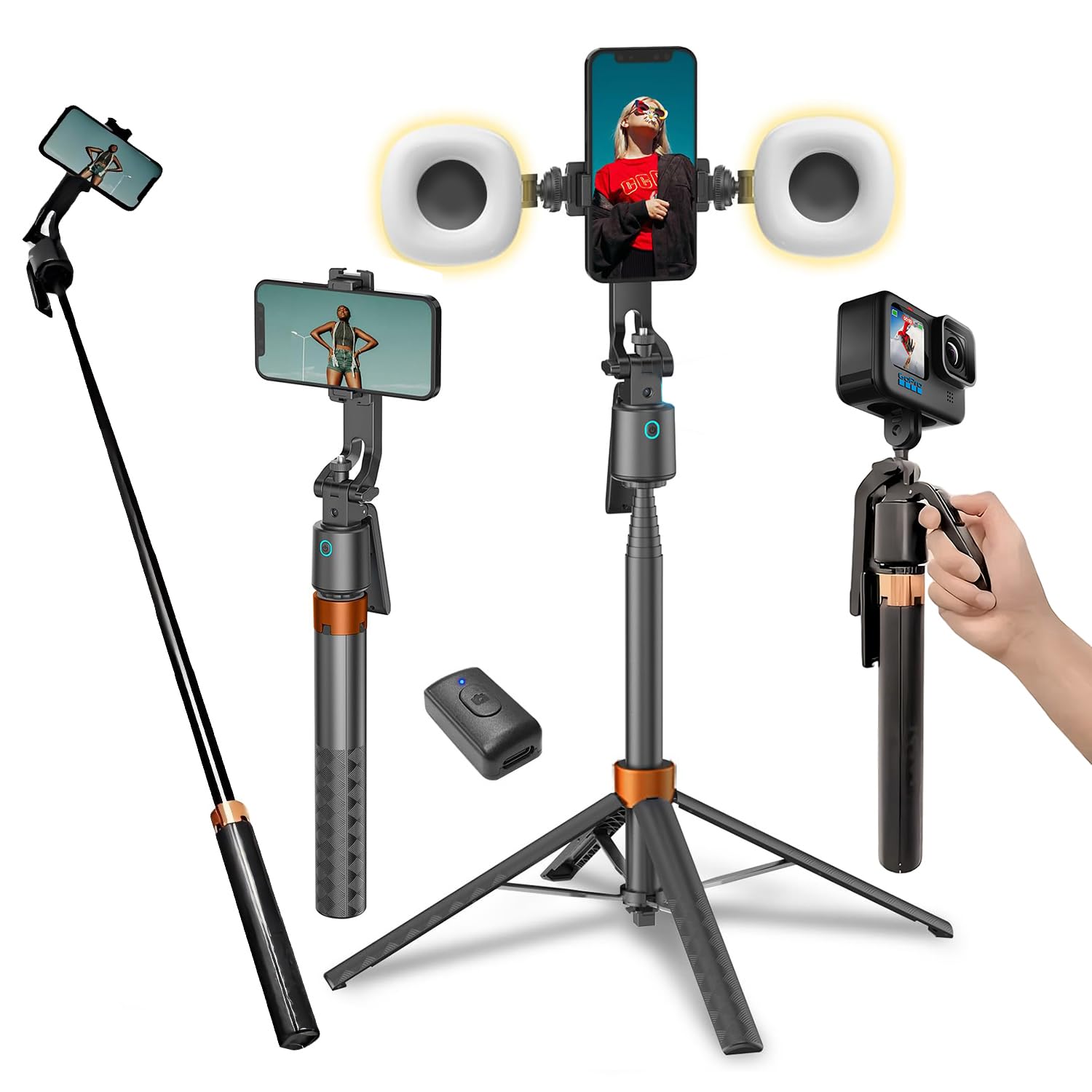 Treppiede per selfie da 178 cm, rotazione a 360 gradi per iPhone, senza app, riprese video e streaming (con luce di riempimento)