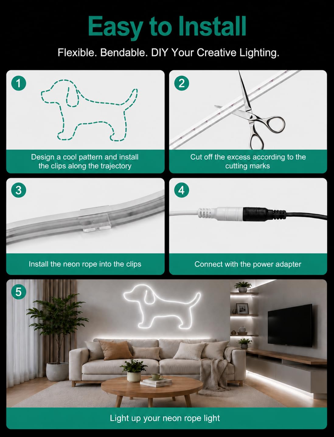 Tira de luces LED de neón – Tira de luces LED de color blanco frío de 5 m, 12 V, flexible e impermeable, luces de neón de silicona para jardín, dormitorio, cocina (sin adaptador de