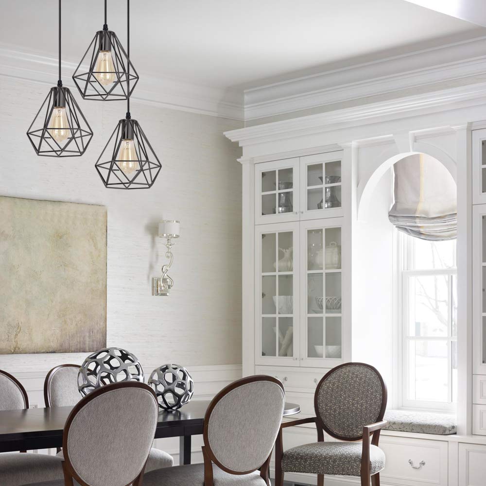 iDEGU Lampada a Sospensione Industriale, Retrò Lampadario 3 Luci Vintage E27 Lampadario a Sospensione Stile Gabbia Geometrica Lampada da Soffitto, Ø 20cm, Nero