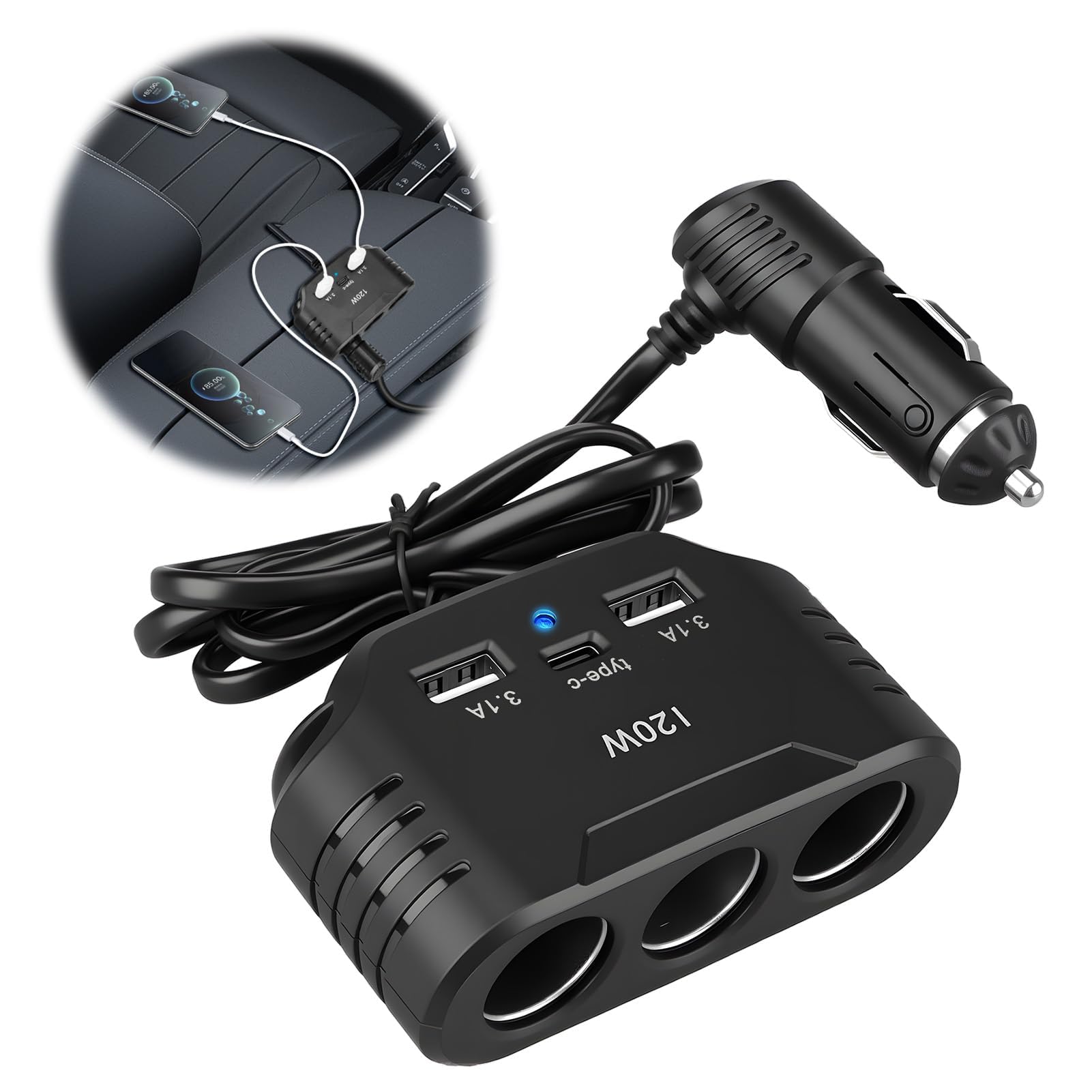 120W Prise Allume Cigare 12V 24V, Adaptateur avec 3 Prises Allume-Cigare 2 USB-A Port 1 Type C 5V 3.1A, Multi Chargeur Splitter avec LED pour Tablette GPS Phone Dash Cam Caméra Voiture