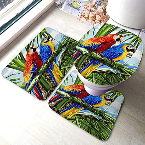 Badezimmerteppich-Set, 3-teilig, Bunte Papageienfarbe, waschbare Badeteppiche, rutschfest, mit Rückenpolster, Konturteppich und Toilettendeckelbezug