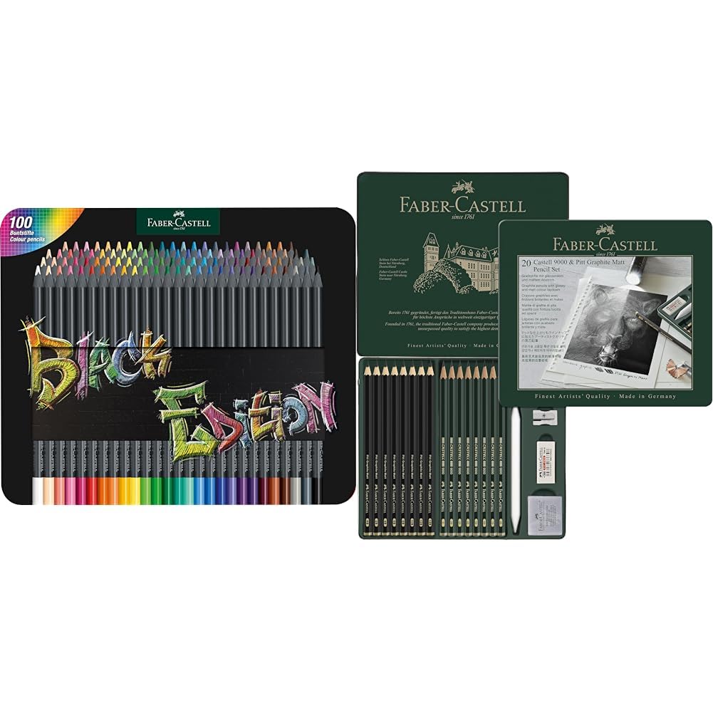Faber-Castell 116490 - Buntstifte Black Edition, 100er Metalletui & 115224 - Bleistifte Set Pitt Graphite Matt & Castell 9000, 20-teilig, inkl. Papierwischer, Radierer, Knetradierer und Spitzer
