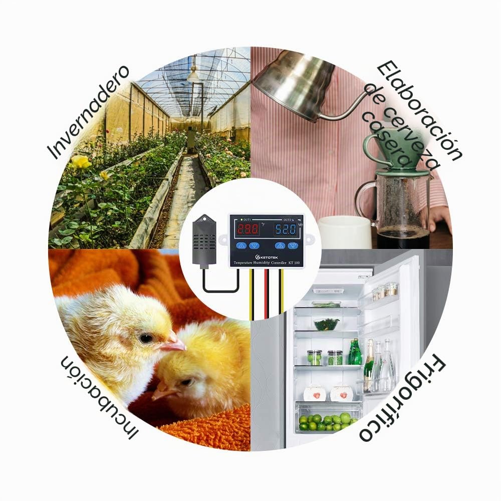 KETOTEK Controlador de Humedad y Temperatura 220V Higrostato Digital con Sonda, Termostato para Terrario Reptil Invernadero Incubadora Humidificador Deshumidificador