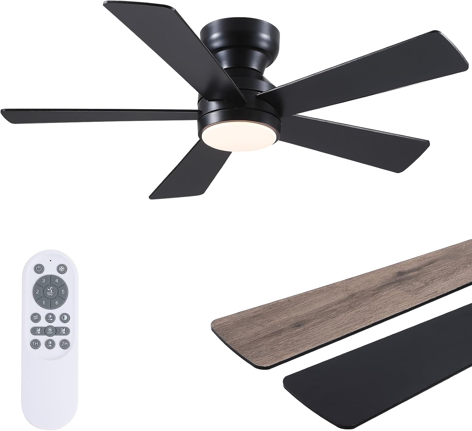 Black Ceiling Fans with Lights - 46" Flush Mount Ceiling Fan with Remote and 5 Reversible Blades, 3CCT Dimmable, 6 Wind Speeds&2H Timer, Indoor Low Profile Fan Light Fixture for Modern Bedroom Black-new46in