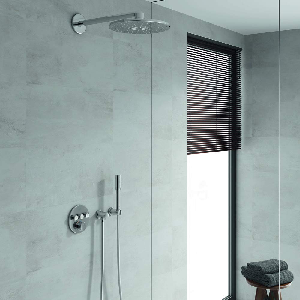 GROHE SmartControl Mixer – system prysznicowy z mieszaczem i deszczownicą (mikser podtynkowy z 3 zaworami odcinającymi, zestaw gotowy do montażu, łuk przyłączeniowy ścienny), okrągły, chrom, 34709000