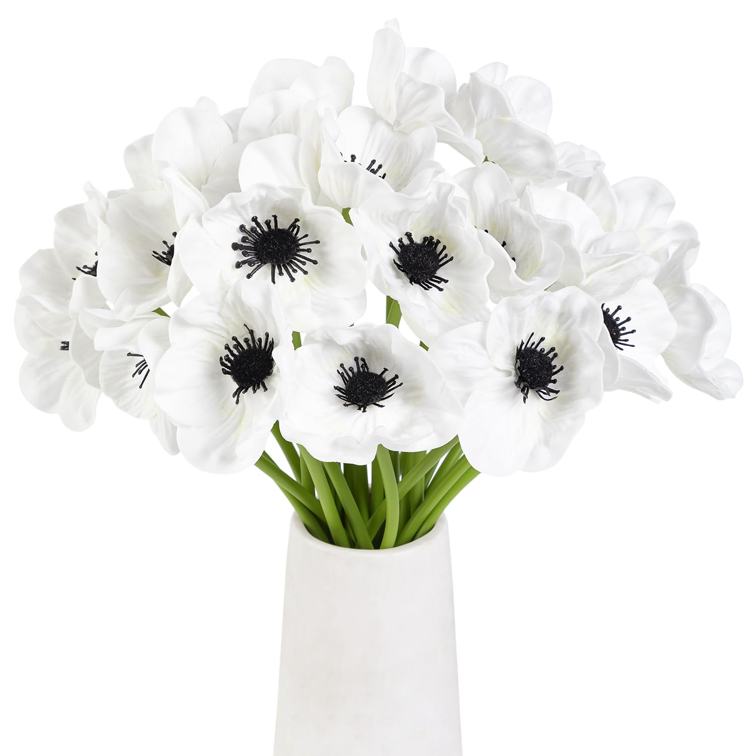 Photo 1 of GCTWFYK 48 PCS Artificial White Flower, 11 Inch Silk Anemone Flower, Stems PU Real Touch Fake Flowers in White with Black Center for Wedding Bouquet Home Kitchen Party Table Centerpiece Decor