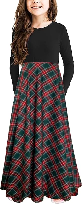 KYMIDY Girls Buffalo Plaid Long Sleeve Maxi Christmas Dresses 6-14 Years