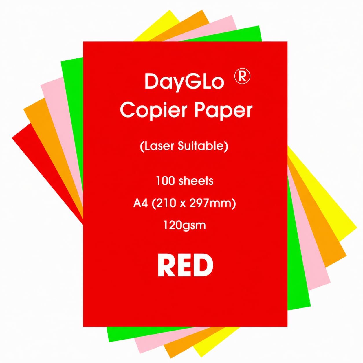 Dayglo Fluorescent 120gsm A4 Paper, 100 Sheets, 5 Colours, Red, Green, Orange, Pink, Yellow (Red)