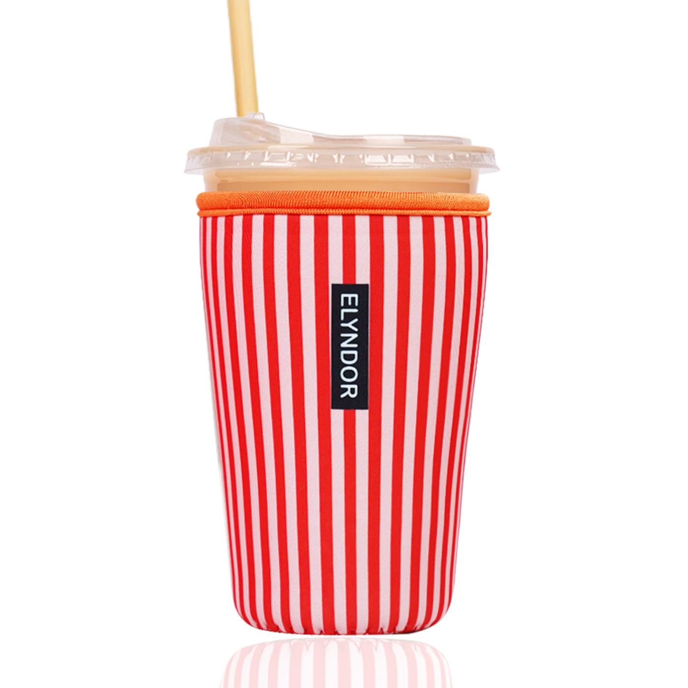 Reusable Insulated Sleeve for Iced Coffee Cup, Coffee Neoprene Sleeve for Cold &amp; Hot Drinks, Beverage Holder for Iced Coffee (Red Stripes, Medium: 22-24oz)