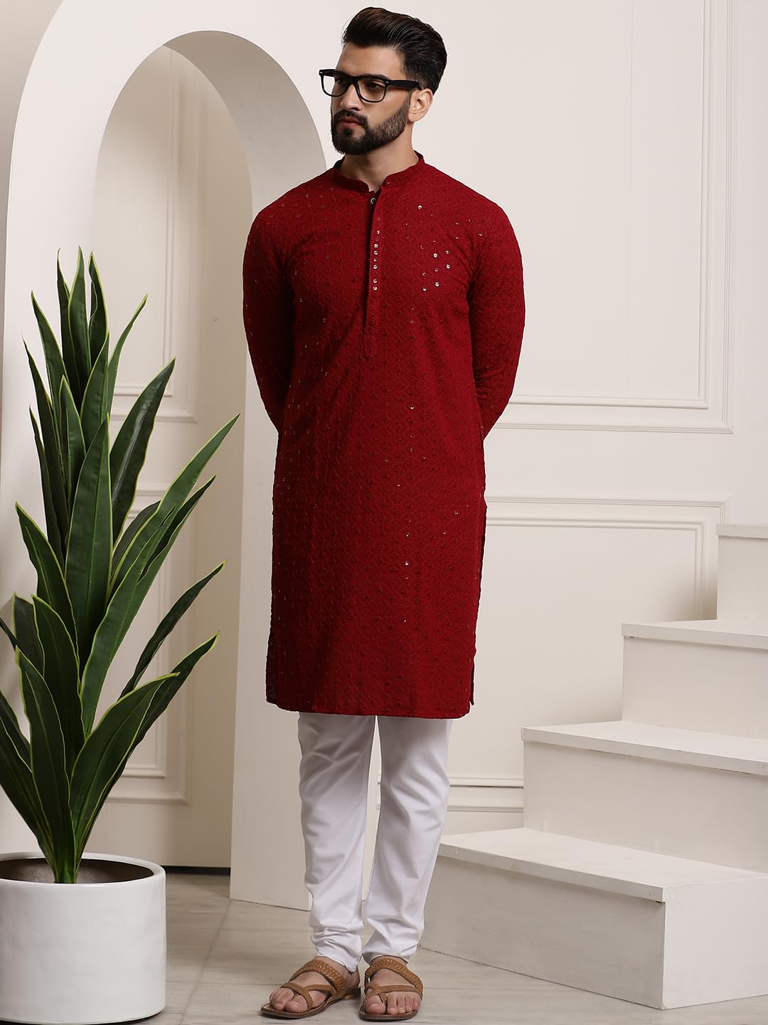 Sojanya (Since 1958 Men's Pure Cotton Dark Maroon Sequence Kurta & White Pyjama Set