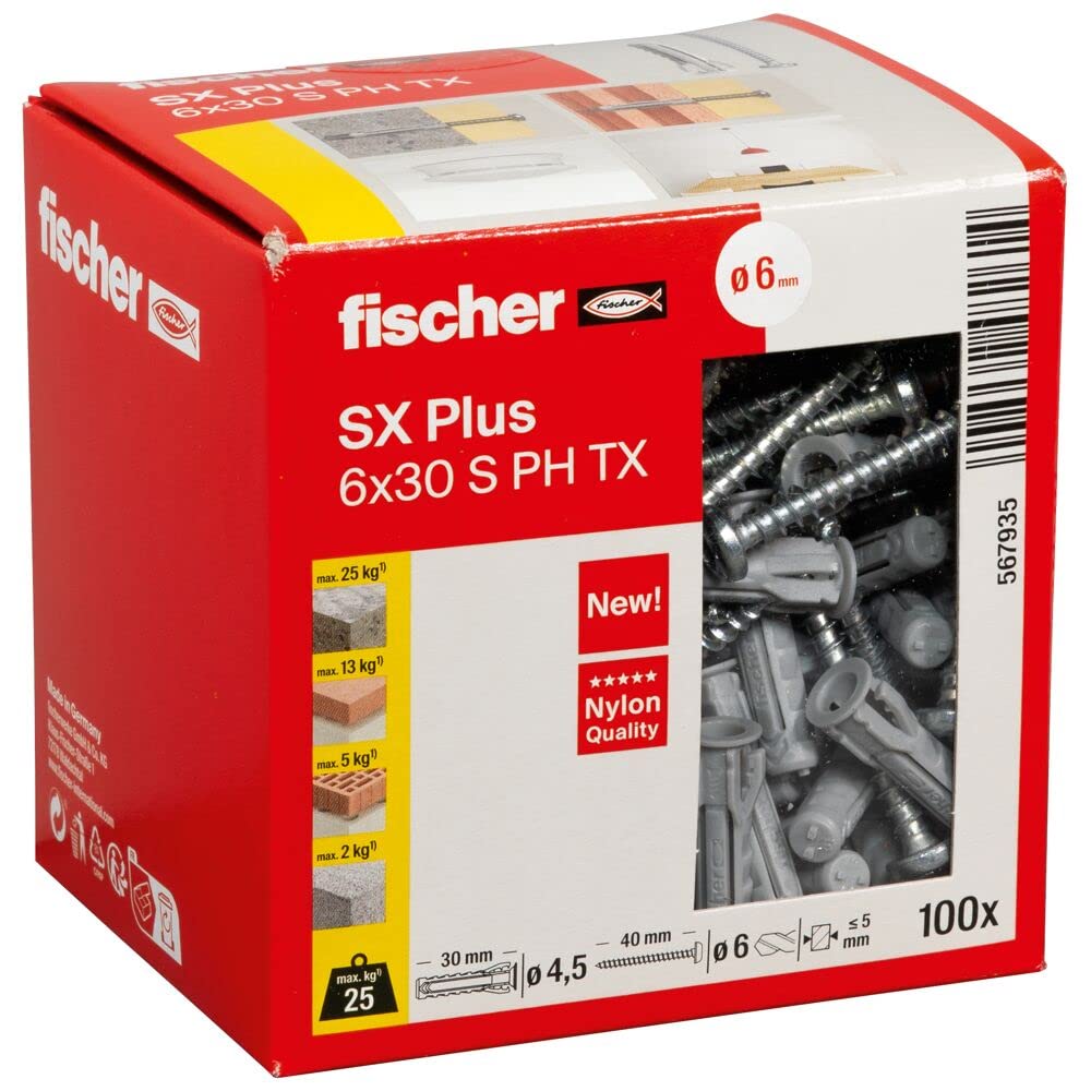 fischer Expansion dowels SX Plus 6 x 30 S PH, Box of 100 Nylon dowels and Matching Screws, dowels for Optimal Hold for fixings in Concrete, Solid Brick, aerated Concrete, Perforated Bricks and Much