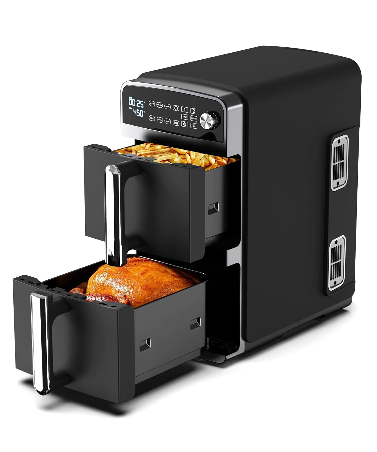 12QT vertical dual layer air fryer with two stacked drawers