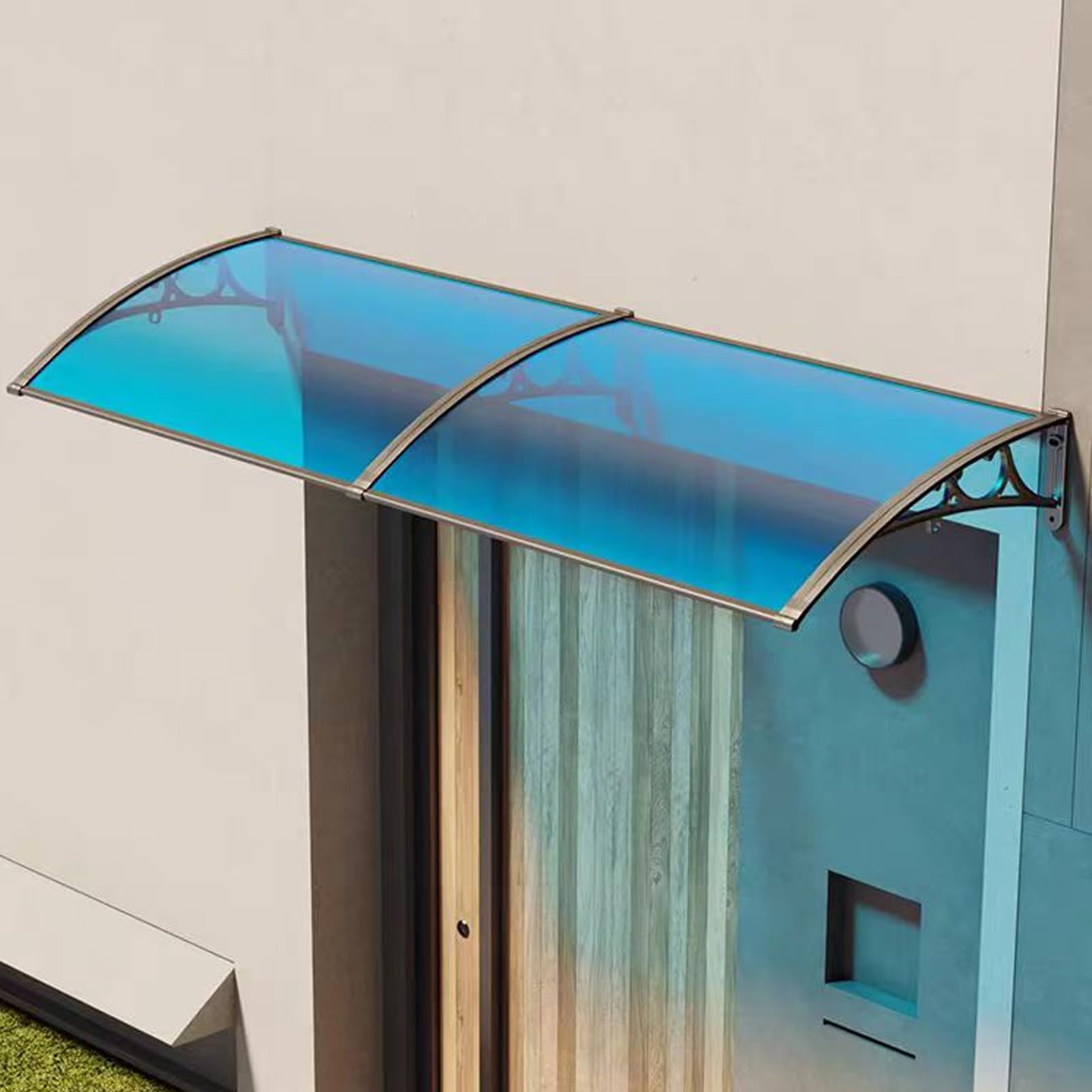 Auvent extérieur bleu 120x130cm avec cadre en aluminium élégant pour porte