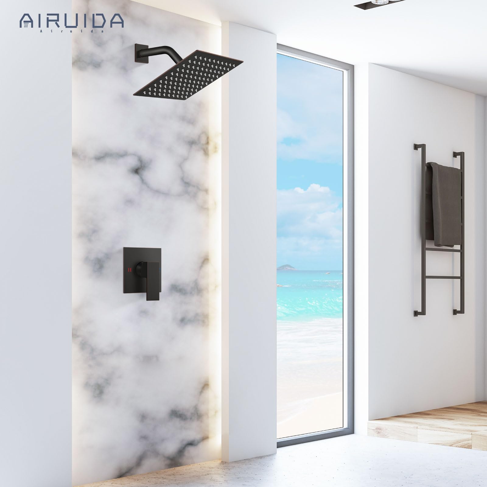 Airuida Set di rubinetto doccia doccia a pioggia per bagno, soffione quadrato da 20,3 cm, funzione unica, kit di assetto per maniglia con filettatura femmina, piastra di copertura