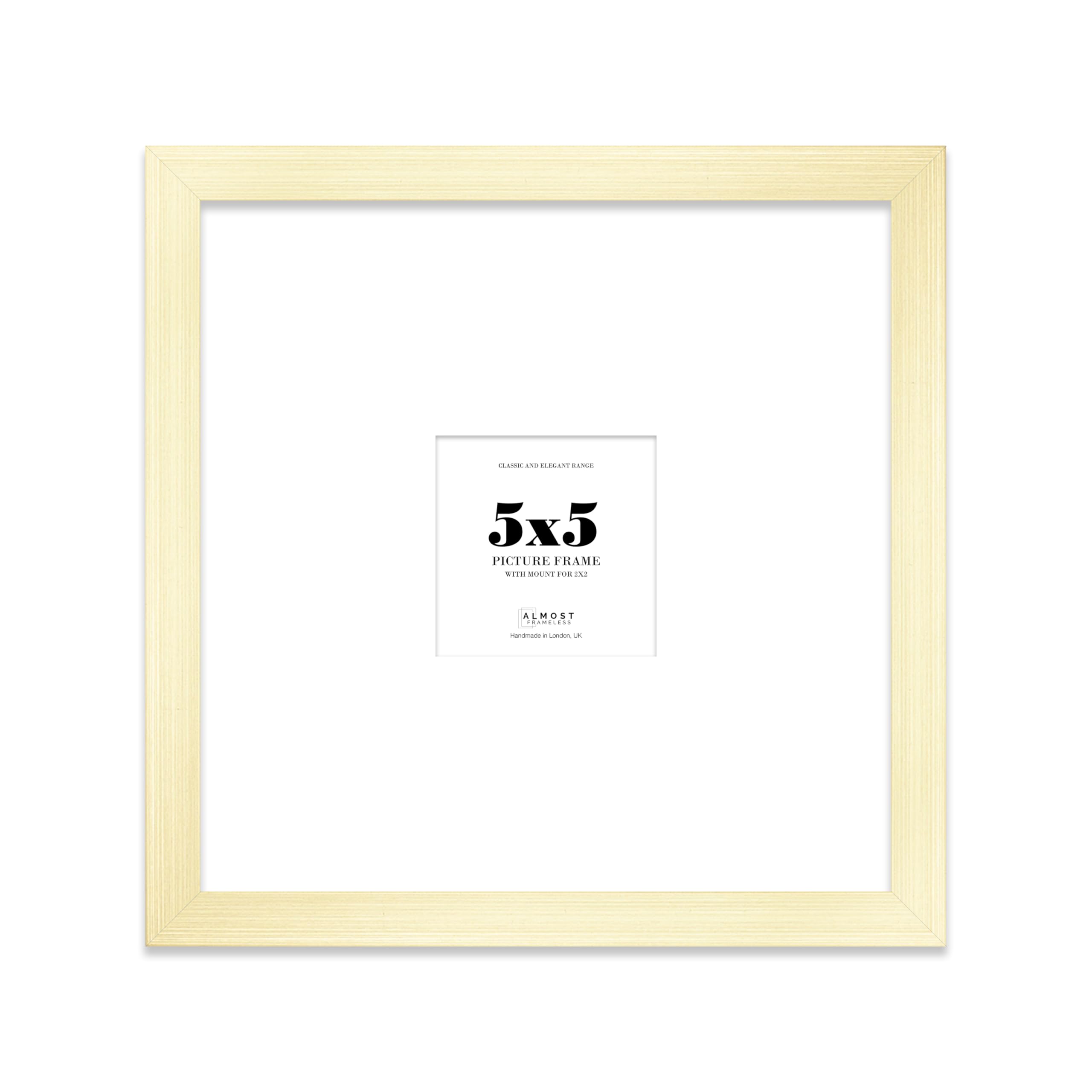 Almost Frameless 5x5 Square Picture Frame, Display Pictures 2x2 With Mat or 5x5 Without Mat, Wall Hanging & Free Standing Photo Frame, Gold, 1 Pack