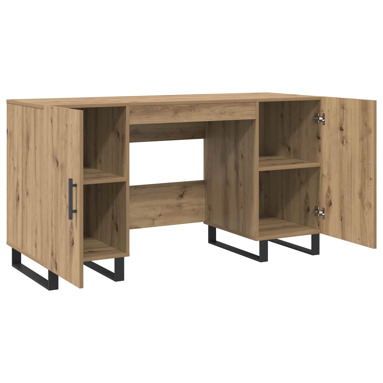 Scrivania in legno di quercia Artisan, 140 x 50 x 75 cm, con vano portaoggetti, scaffale e ante, ergonomica, per ufficio, casa, lavoro al computer, PC, laptop, segretario e gaming