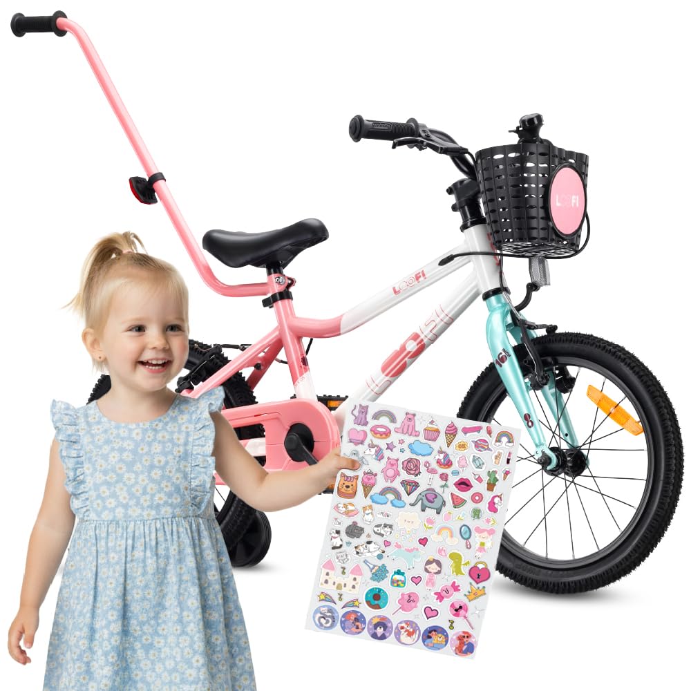 sun baby Bicicletta Bambini LOOFI 12 14 16 Pollici, Bambina e Bambino 2-6 Anni, Max 50 kg - Telaio leggero in alluminio, con rotelle, cestino, campanello, adesivi