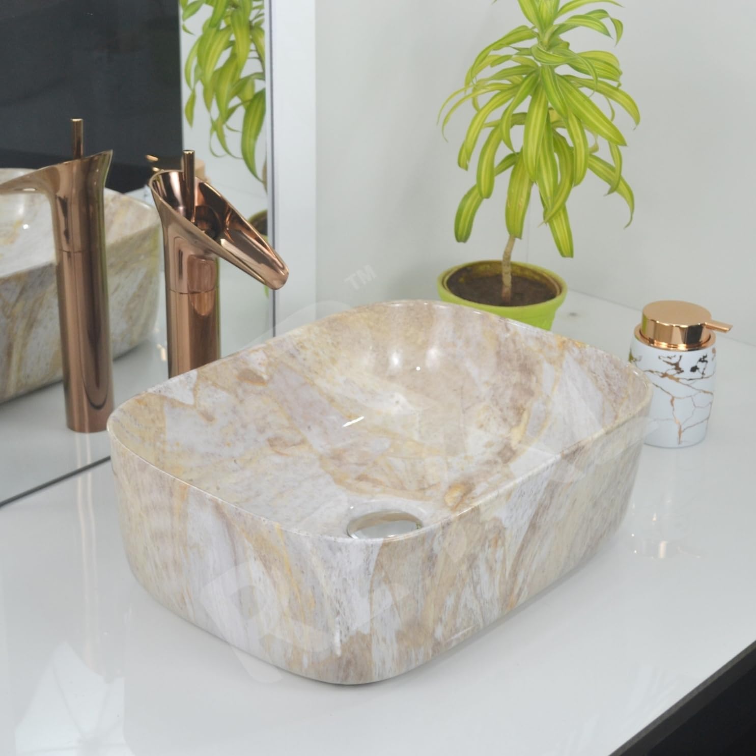 Reyal Marble Wash Basin - Ivory Gold Vessel Sink -17