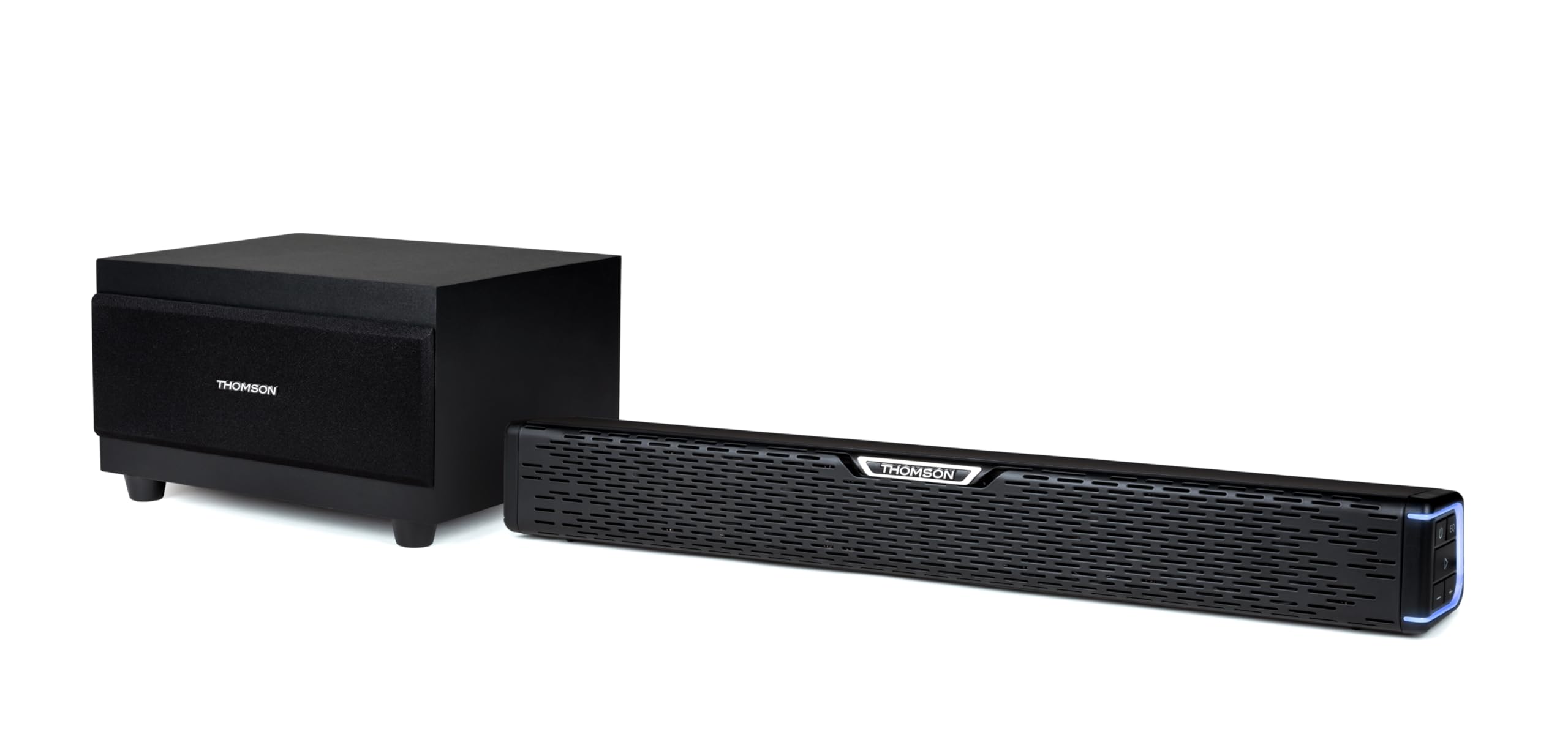 THOMSON SB60BTS Barre de Son – 120W Puissance Musicale Totale – Bluetooth 5.0 sans Fil – avec Caisson de Basses – Fixation Murale – Entrée Optique & AUX – Télécommande – Design Compact