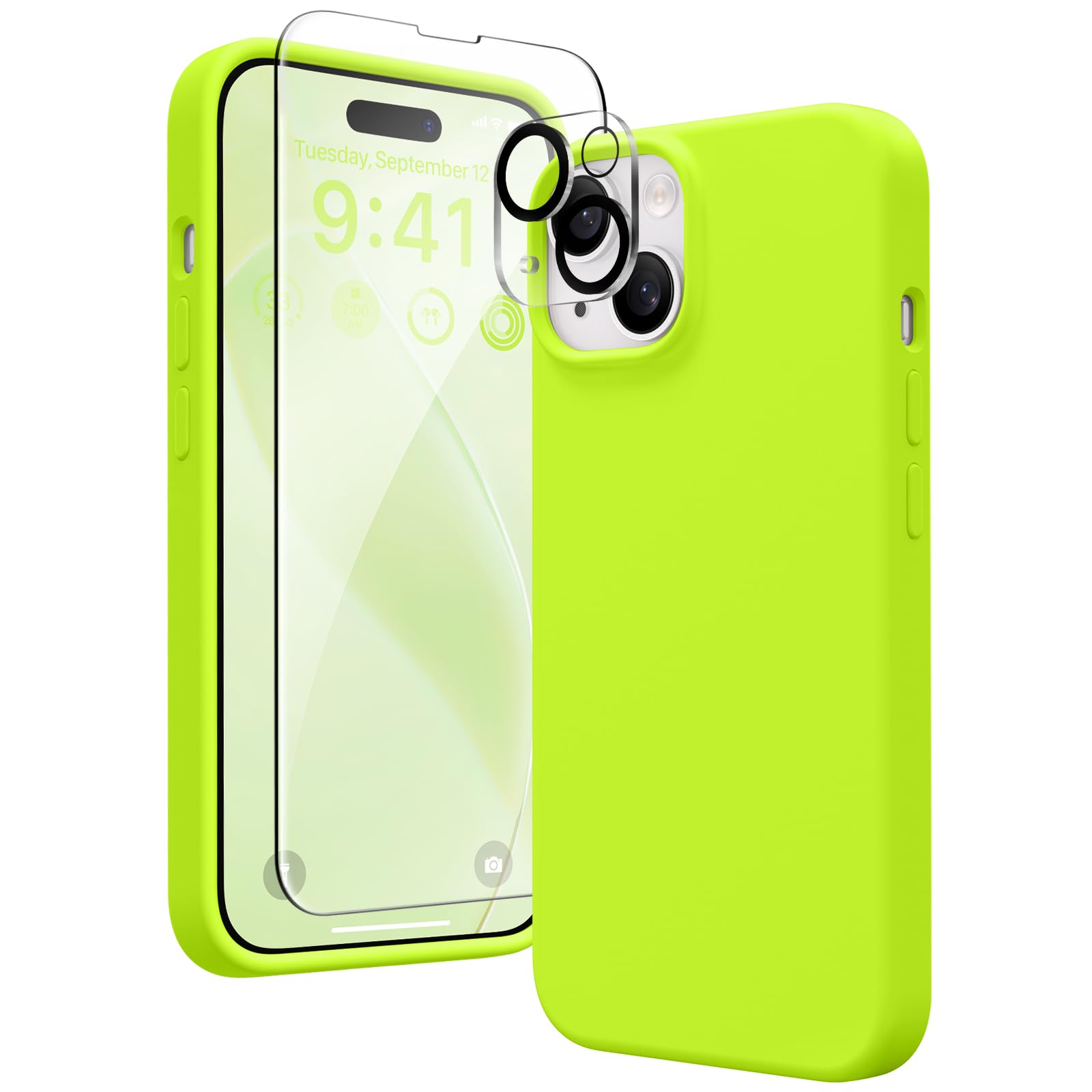 GONEZ for iPhone 15 Case, Liquid Silicone Case with [2 Screen Protectors + 2 Camera Lens Proctetors], Anti-Scratch Soft Microfiber Lining Shockproof Protective Phone Cover 6.1", Flourescence Yellow