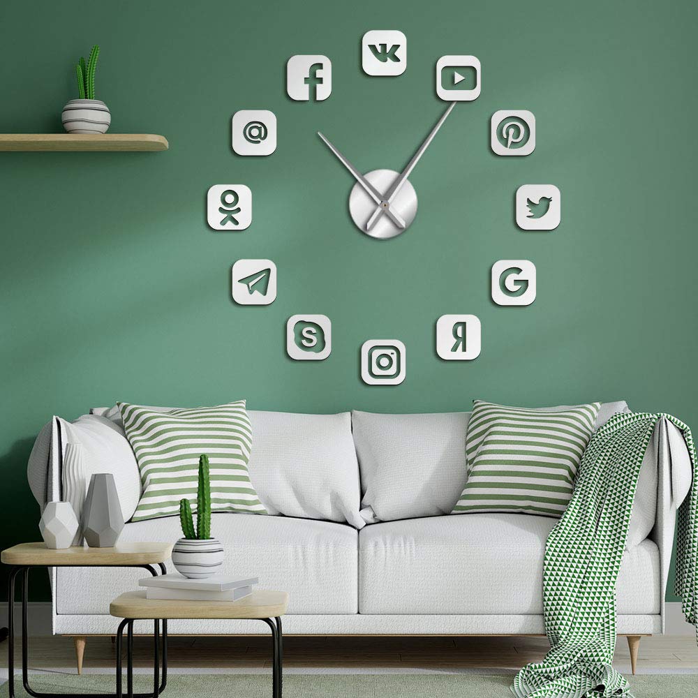 幸せな風Decor Clocks, Software Sign Giant Big DIY Large Frameless Wall Clock with Mirror Effect Wall Art Home Decor (Color : Silver)