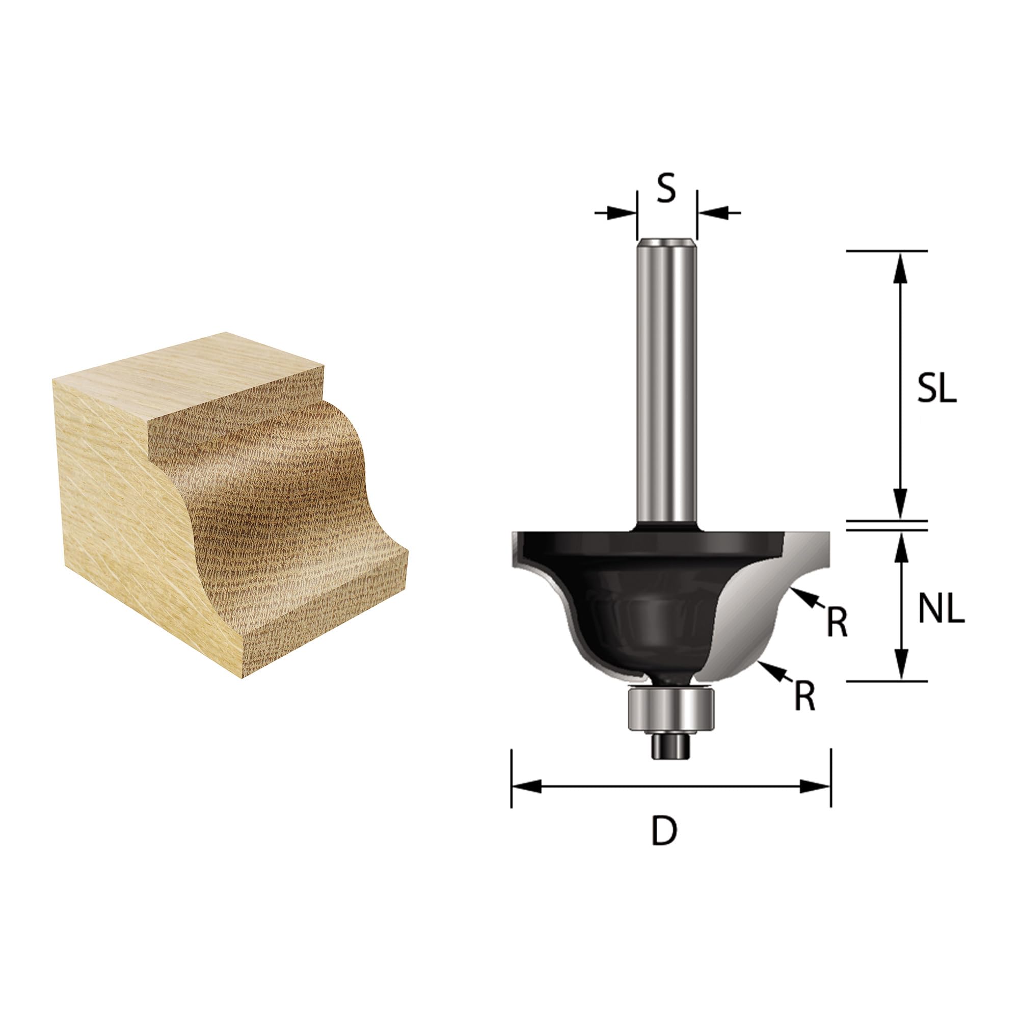 ENT 14964 Frez rzymski w wegliku, trzpien (S) 8 mm, srednica (D) 43 mm, NL 25 mm, R 8 mm, SL 32 mm, z lozyskiem kulkowym