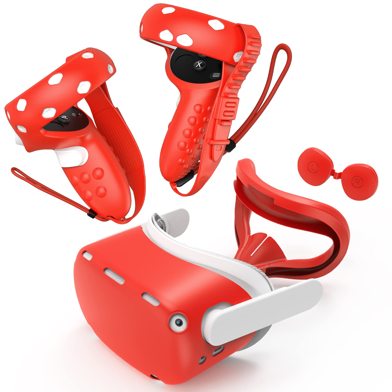 HUIUKE Touch Controller Grip Cover for Quest 2 with VR Shell Cover, Silicone VR Face Cover Pad and Lens Cover, 4 in 1 Silicone Cover Set for Quest 2 Accessories (Red)