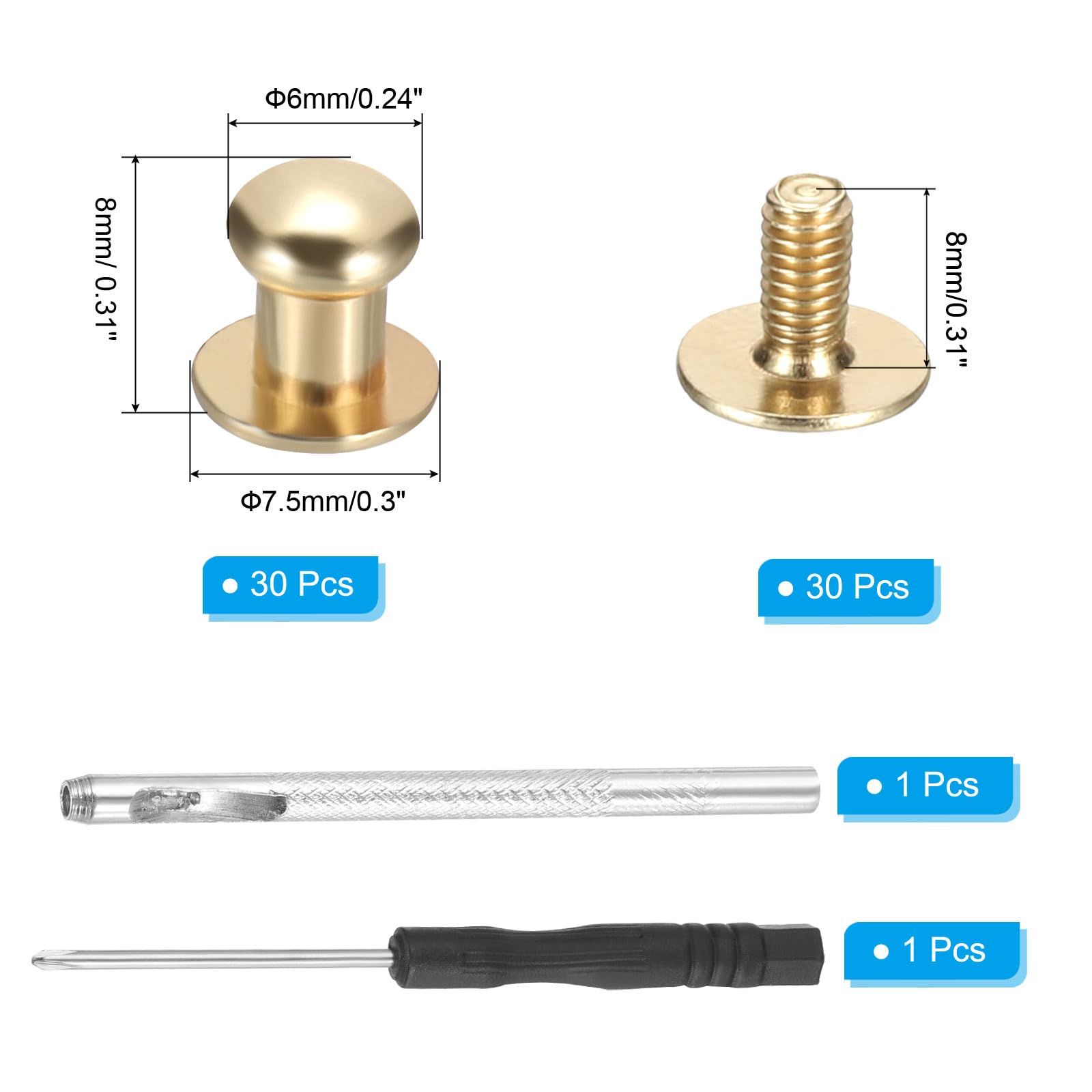 PATIKIL 8x7.5x6mm Spikes for Clothes 30 Set Metal Button Spikes with Punch & Screwdriver Screw Kit Flat Head Rivets Screw DIY Leather Barrel Studs Hardware Trim Craft - Image 2