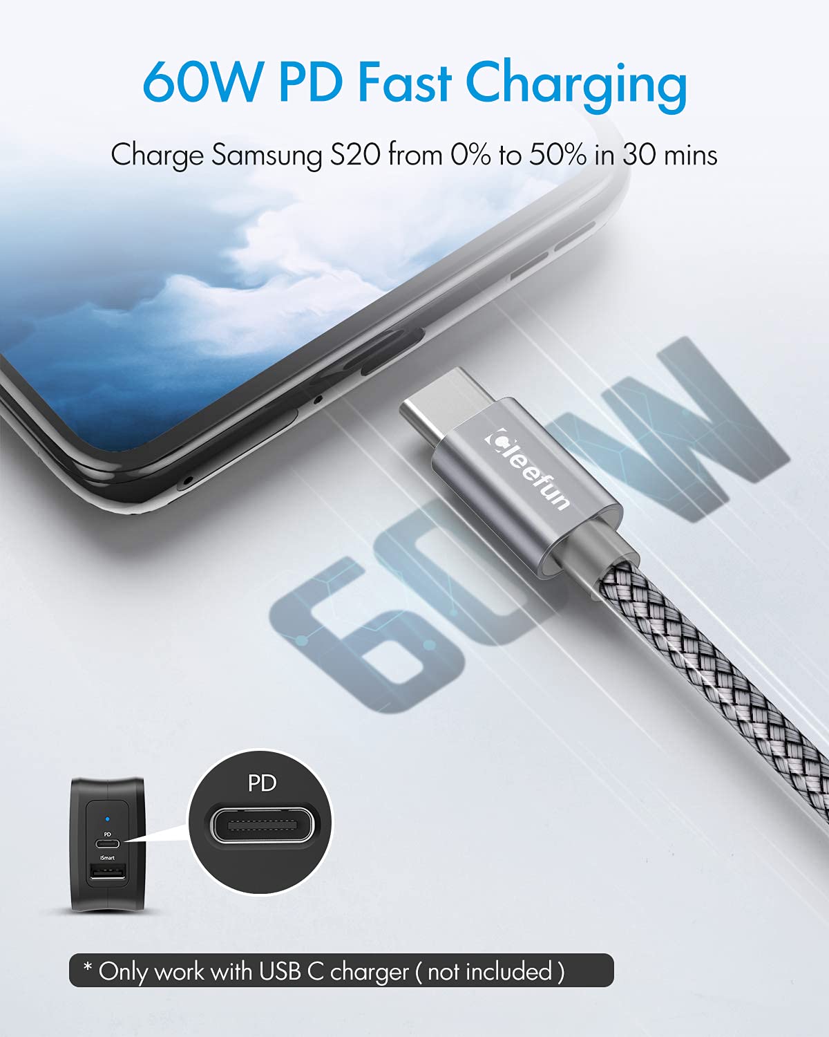 CLEEFUN Extra Lungo Cavo USB C a USB C [8m/26FT], PD 60W Ricarica Cavo USB Tipo C per Samsung Galaxy Note 5G, PS5 Controller, Macbookpro Macbookair, Ipadpro, Ipadair, GooglePixel, Switch e Altro