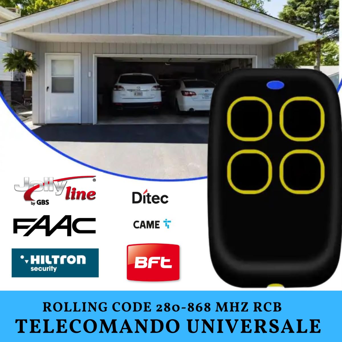 Telecomando Cancello Universali 4 in 1, Telecomando Rolling Code universale multifrequenza da 280 a 868mhz. Radiocomando Cancello programmabile Versione aggiornata con Lista compatibilità (Giallo)