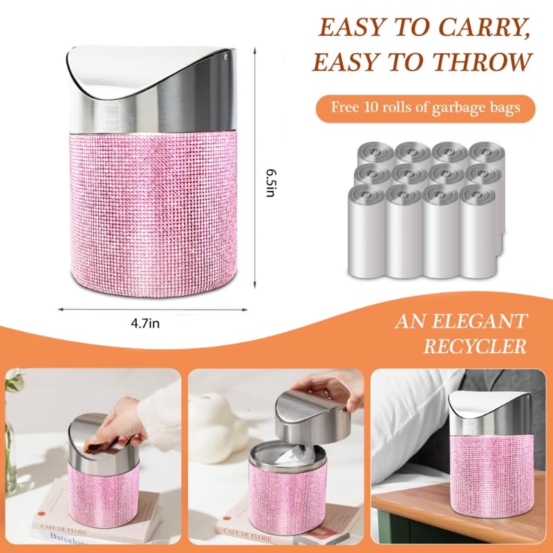 Image of Mini Countertop Trash Can with 10 Rolls of Trash Bags, Tiny Desk Trash Cans | with Press Type Lid, Desktop Trash Can Applicable for Bathroom Vanity Home Office