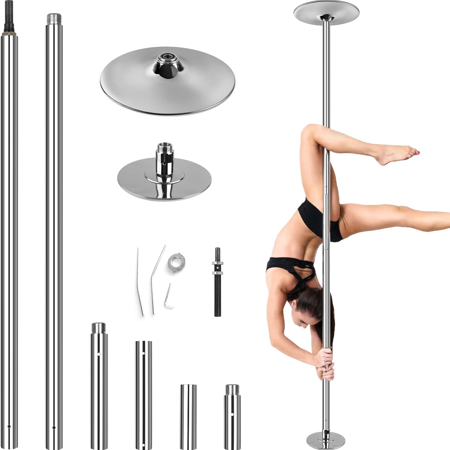 LIFERUN Barra da Pole Dance da 45 mm, Altezza Regolabile da 221 cm a 274 cm, Statica e Girevole, Facile da Montare, Adatta per Casa, Allenamento in Club, Feste, Bar,fino a 200 kg