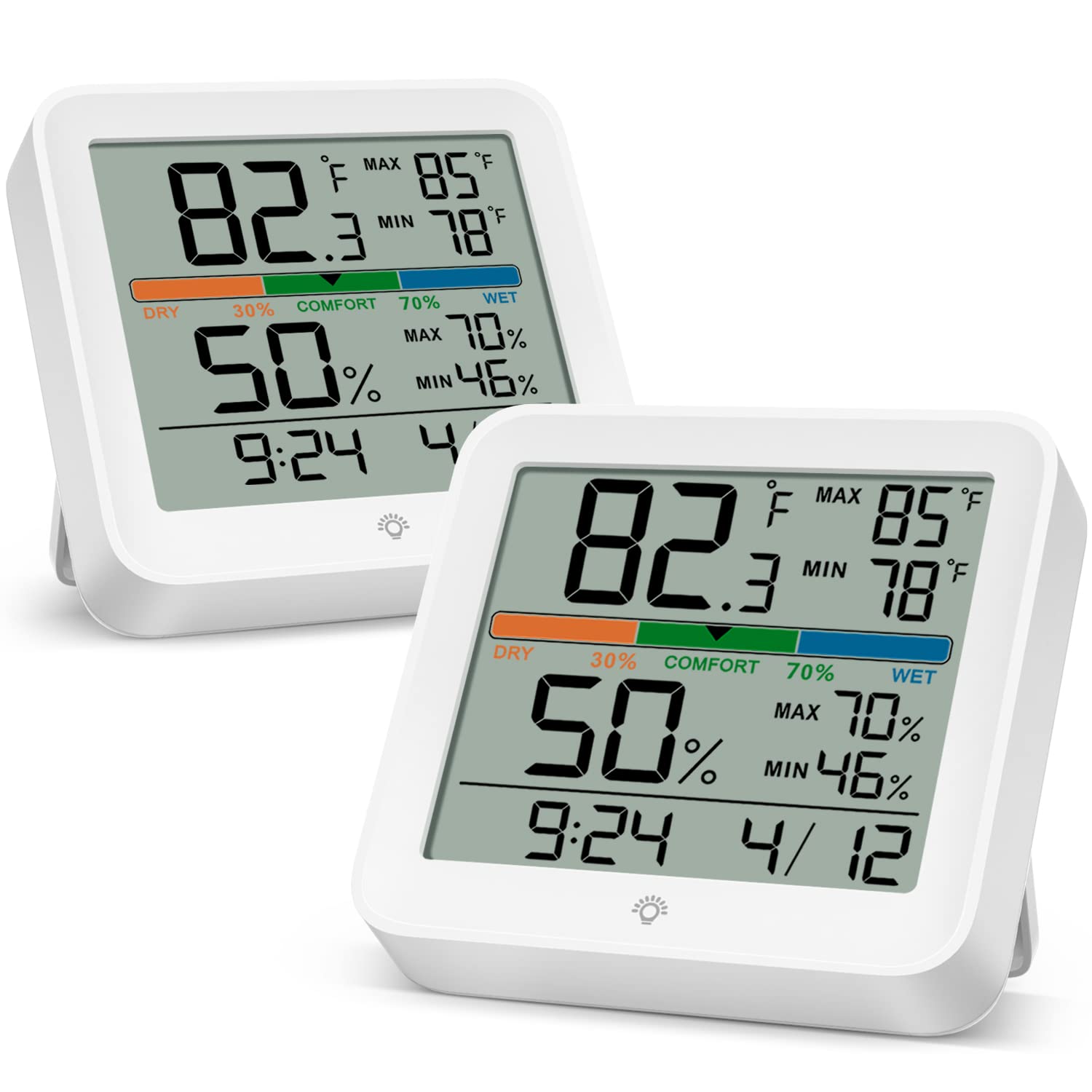MeesMeek 2 Pack Indoor Thermometer Room Temperature Home Hygrometer Humidity Gauge, Accurate with Calibration, Backlight, Air Comfort Indicator, 24H Max Min Records, Time, Date(AAA Batteries Included)-image-10