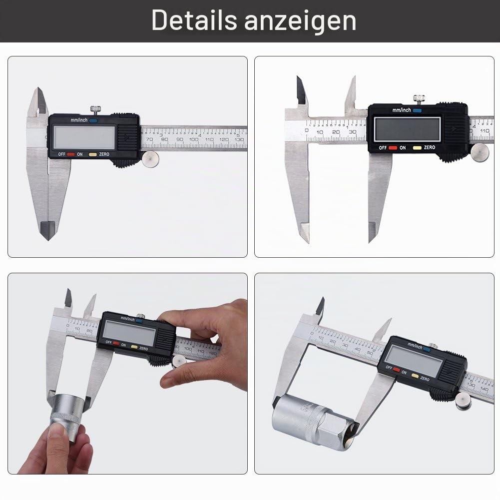 Messchieber, 30 cm, digital, LCD-Display, Edelstahl, metrische Umrechnung, Präzisionsgerät, mit Batterie, Hülle
