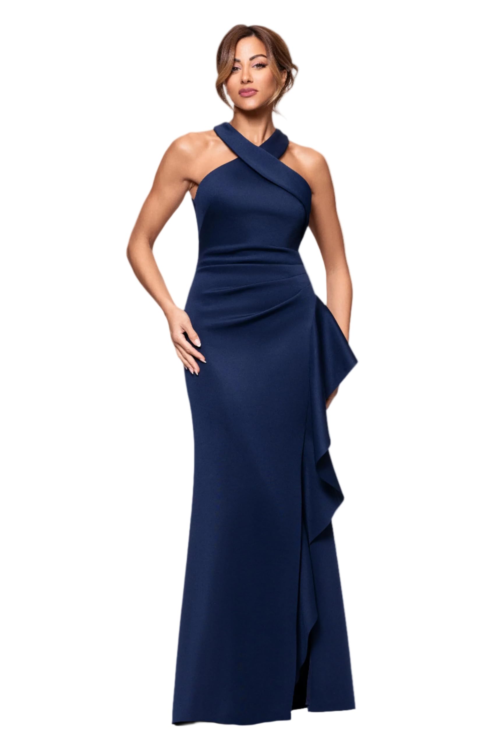 Xscape Evenings Women's Long, Bodycon Low-Sheen Cross Front Halter Neck Evening Dress with Ruching &amp; Ruffle Detail