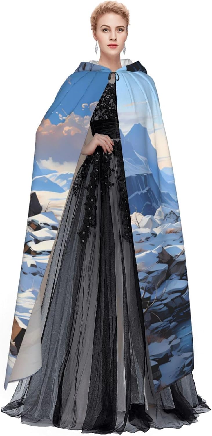 Unisex Full Length Hooded Halloween Christmas Party Robe Cloak Cape Cosplay Costume Men Women Snowy Mountain Scenery Prints Black