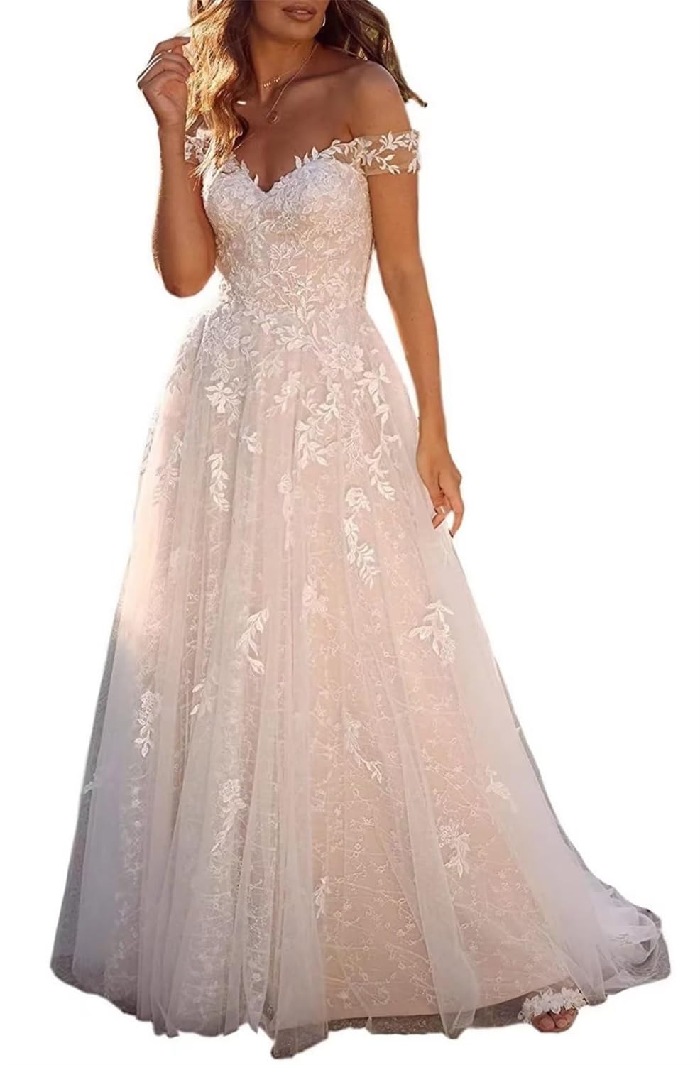 Yiann Women's Ivory Wedding Dresses For With Lace Applique Train A Line Off Shoulder Tulle Bridal Dress Uk6