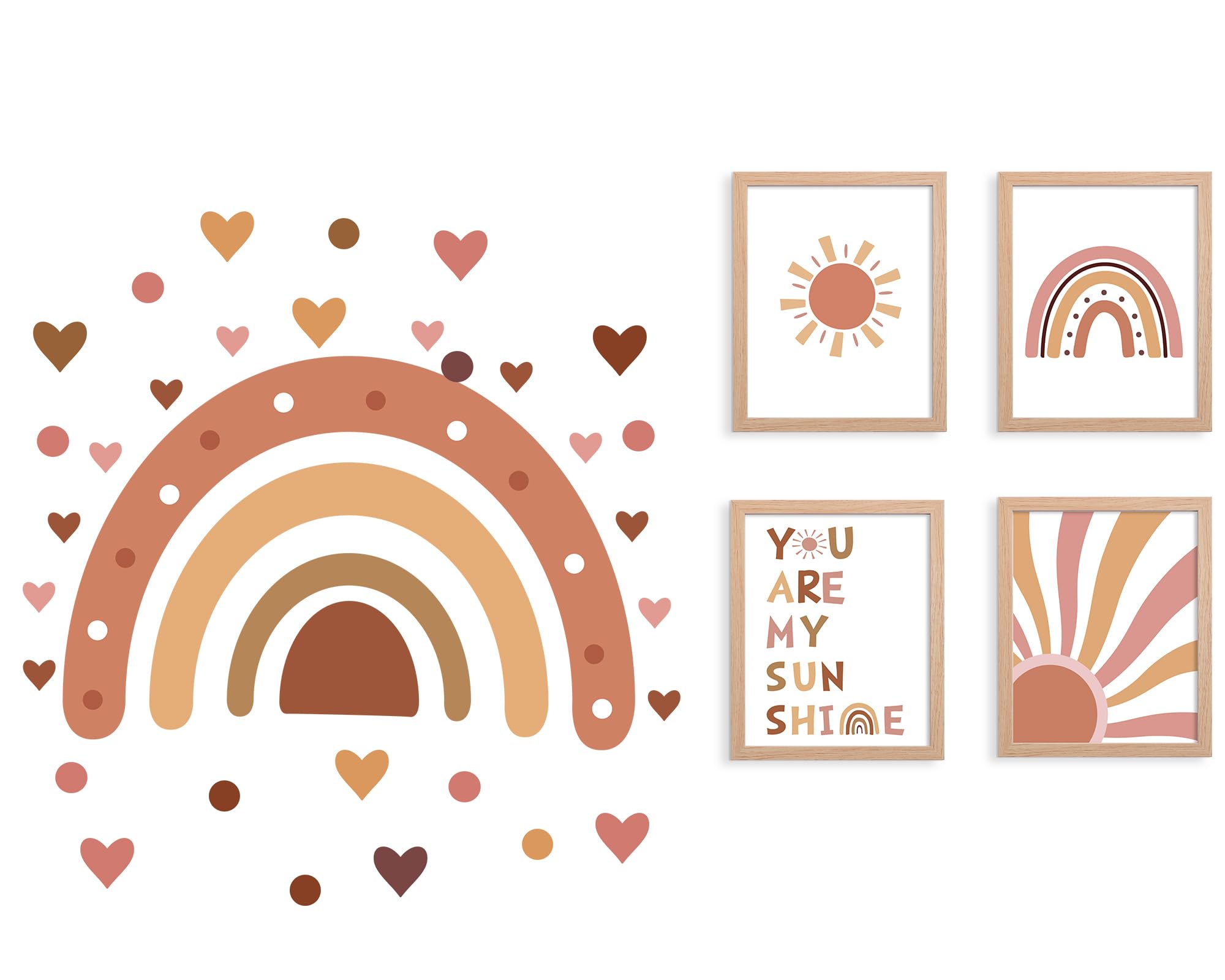 5 Set Boho Nursery Wall Decor Large Rainbow Decals Peel and Stick, Self Adhesive Boho Dot Heart Sticker, Rainbow You are My Sunshine Art Prints with